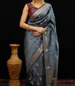 Grey katan silk woven saree with blouse