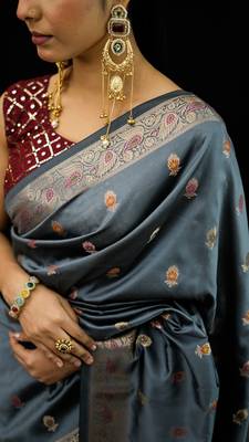 Grey katan silk woven saree with blouse 2
