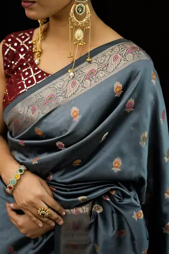 Grey katan silk woven saree with blouse