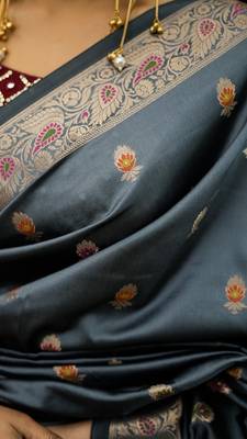 Grey katan silk woven saree with blouse 3