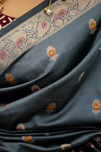 Grey katan silk woven saree with blouse