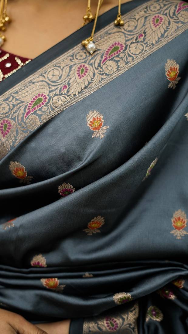 Grey katan silk woven saree with blouse
