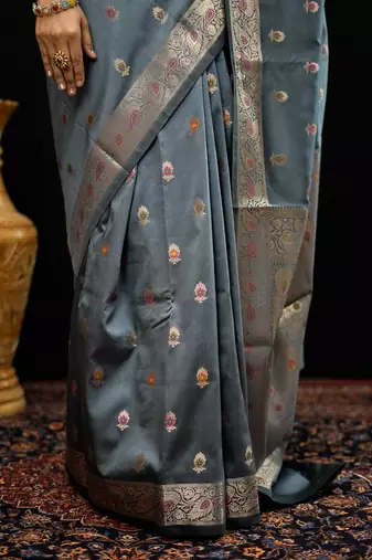 Grey katan silk woven saree with blouse