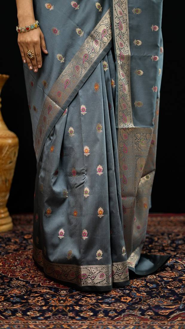 Grey katan silk woven saree with blouse