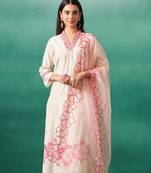 Off white embroidered silk blend kurta trouser dupatta set
