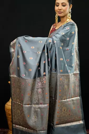 Grey katan silk woven saree with blouse