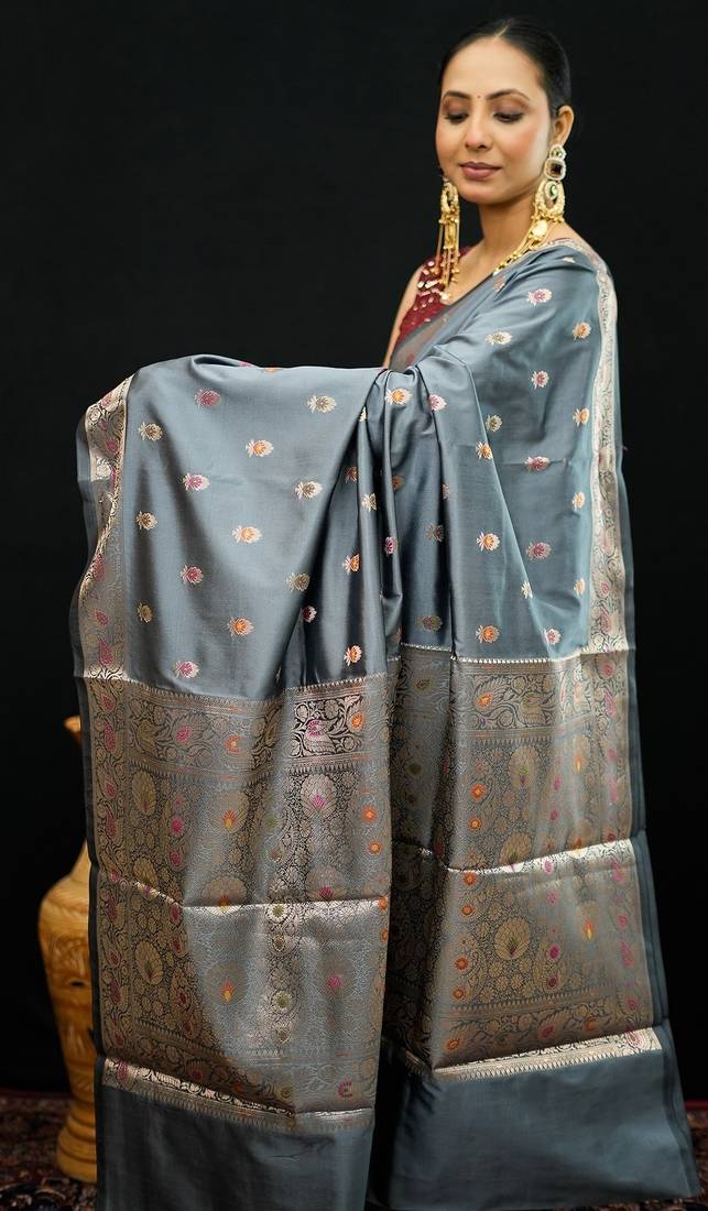 Grey katan silk woven saree with blouse