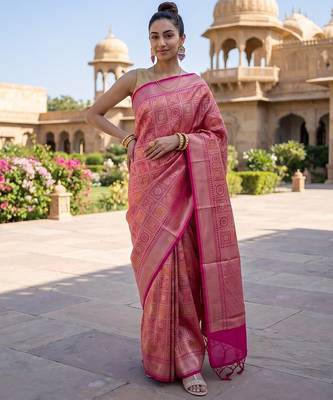 Pink blended cotton woven saree with blouse 1