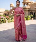 Pink blended cotton woven saree with blouse
