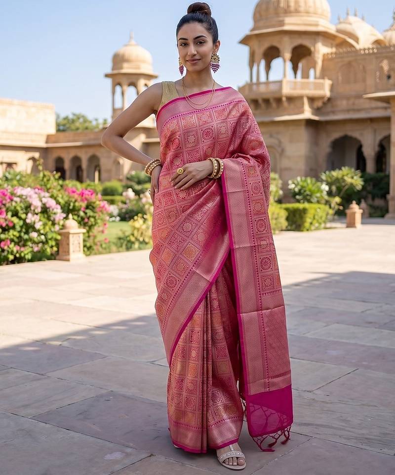 Pink blended cotton woven saree with blouse