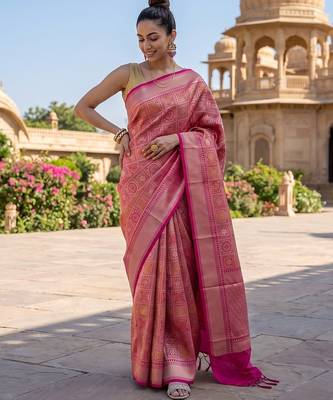 Pink blended cotton woven saree with blouse 2