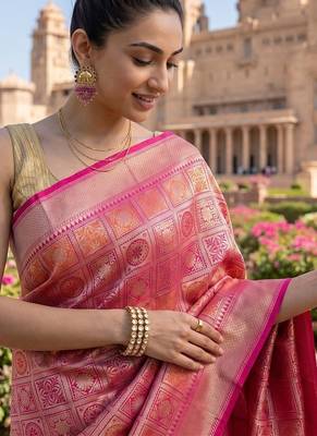 Pink blended cotton woven saree with blouse 3