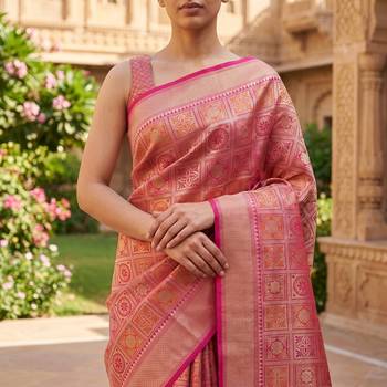 Pink blended cotton woven saree with blouse 4
