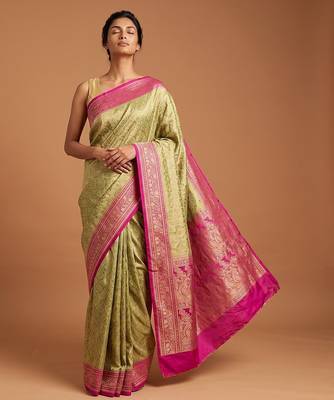 Pista green satin woven saree with blouse 1