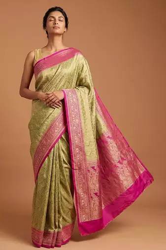 Pista green satin woven saree with blouse