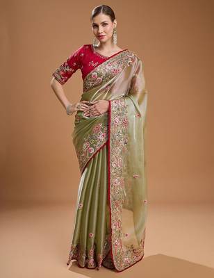 Lime embellished embroidered tissue border saree with unstiched blouse 2