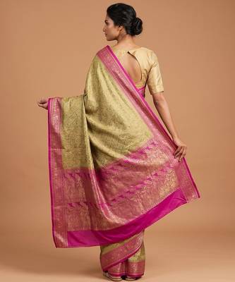 Pista green satin woven saree with blouse 2