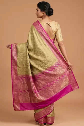 Pista green satin woven saree with blouse