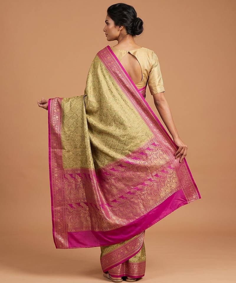 Pista green satin woven saree with blouse