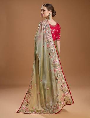 Lime embellished embroidered tissue border saree with unstiched blouse 4