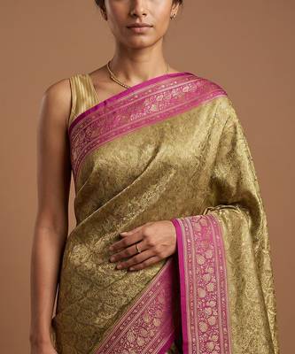 Pista green satin woven saree with blouse 4