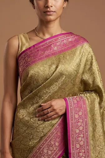 Pista green satin woven saree with blouse