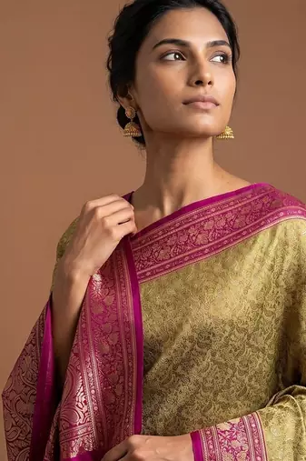 Pista green satin woven saree with blouse