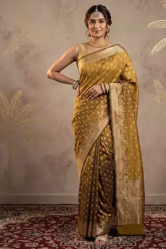 Mustard katan silk woven saree with blouse