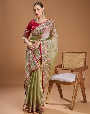 Lime embellished embroidered tissue border saree with unstiched blouse 5