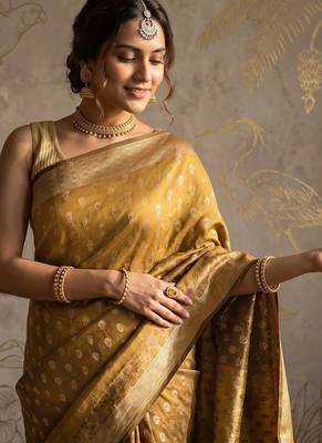 Mustard katan silk woven saree with blouse 2