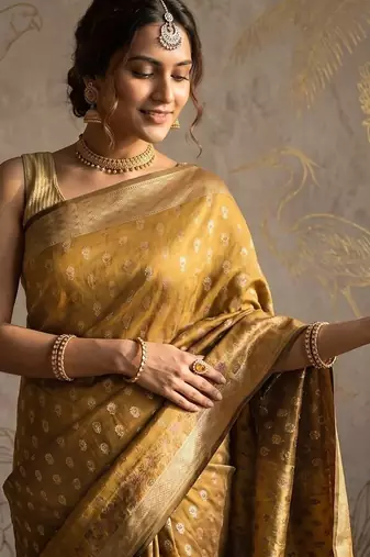 Mustard katan silk woven saree with blouse
