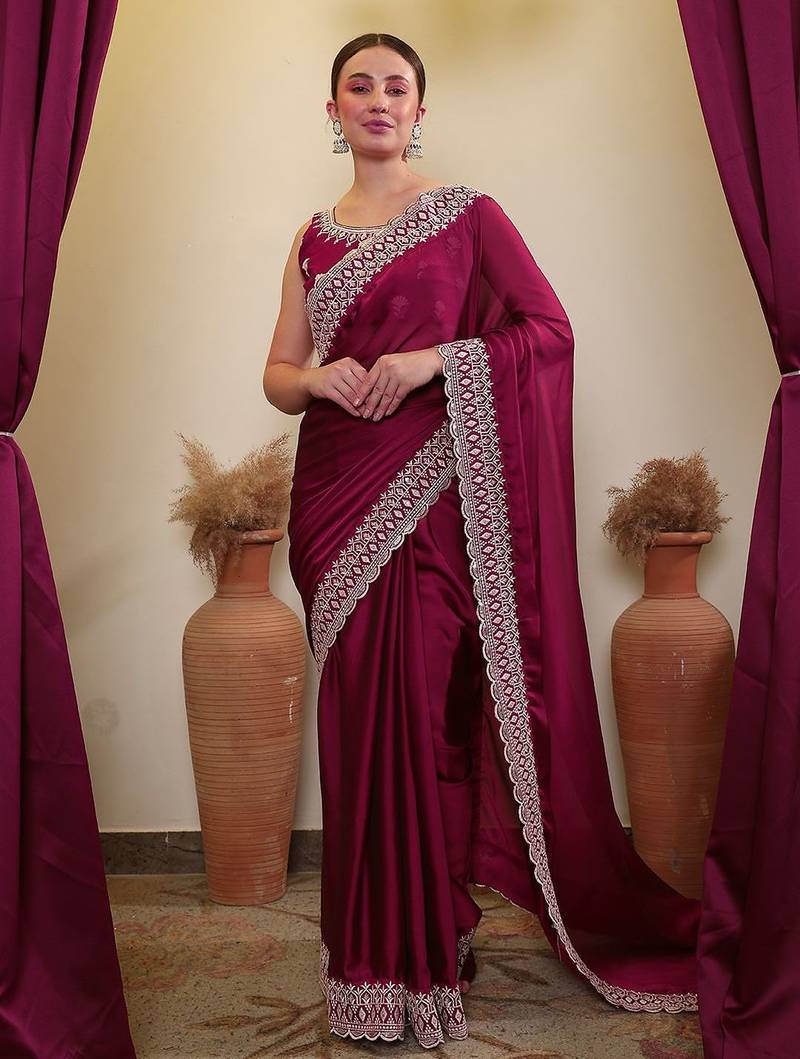 Burgundy ethnic embroidered saree