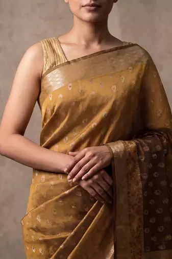 Mustard katan silk woven saree with blouse