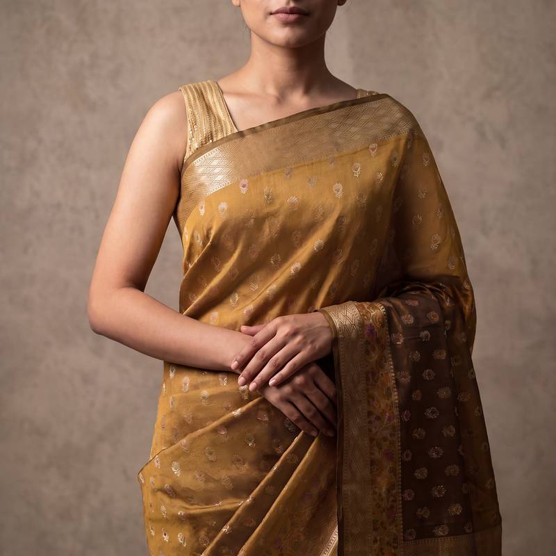 Mustard katan silk woven saree with blouse