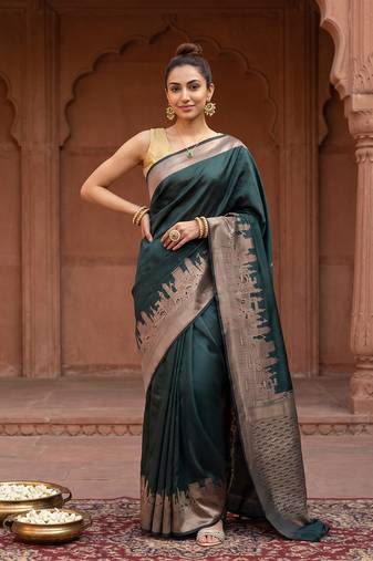 Bottle green katan silk woven saree with blouse
