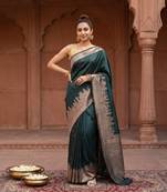 Bottle green katan silk woven saree with blouse