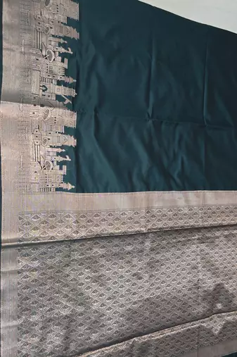 Bottle green katan silk woven saree with blouse
