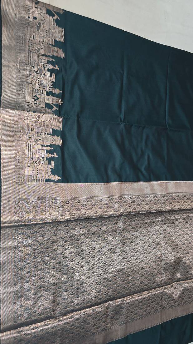 Bottle green katan silk woven saree with blouse