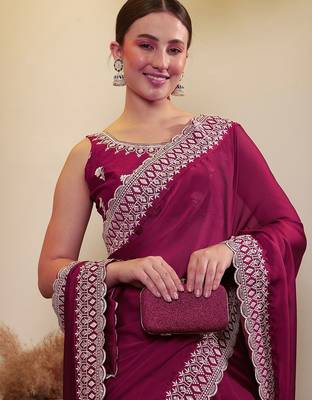 Burgundy ethnic embroidered saree 5