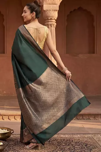 Bottle green katan silk woven saree with blouse