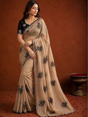 Beige ethnic motifs embroidered art silk saree 1