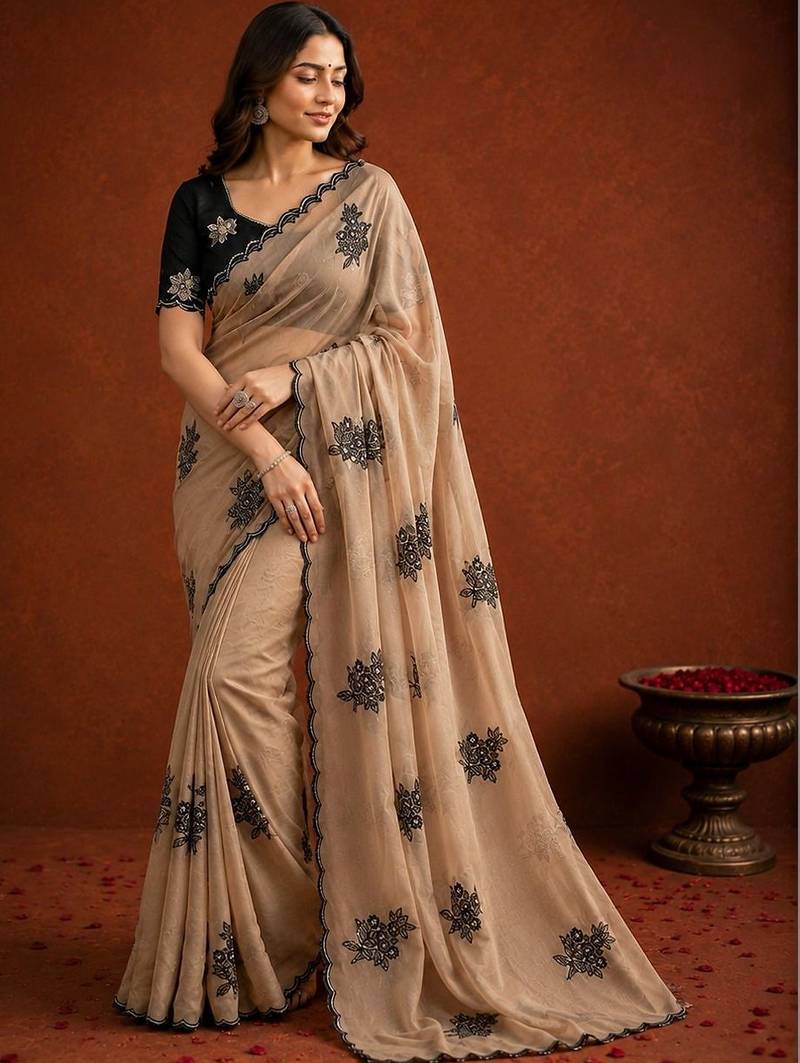 Beige ethnic motifs embroidered art silk saree