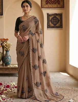 Beige ethnic motifs embroidered art silk saree 2