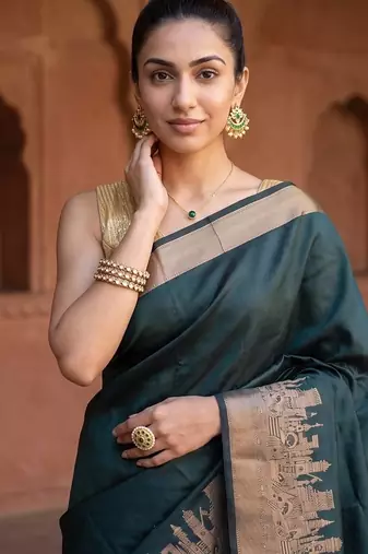 Bottle green katan silk woven saree with blouse