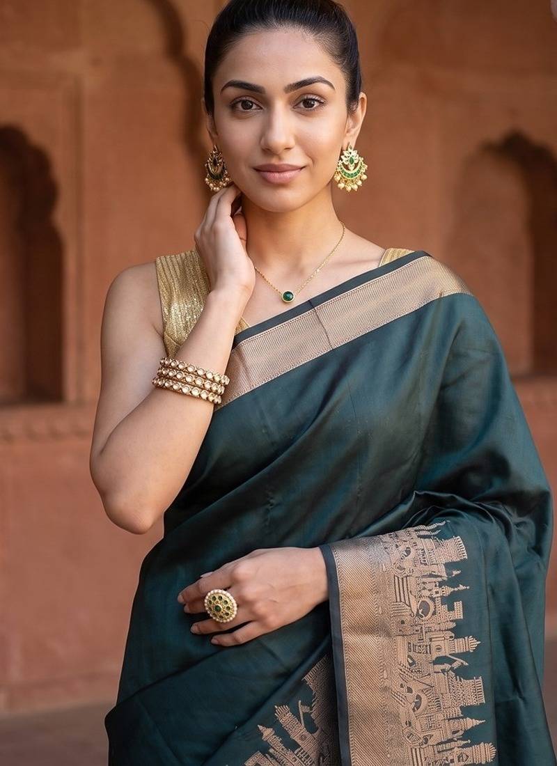 Bottle green katan silk woven saree with blouse