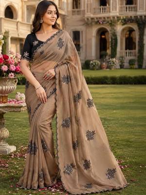 Beige ethnic motifs embroidered art silk saree 3