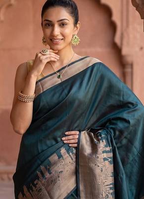 Bottle green katan silk woven saree with blouse 5