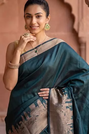 Bottle green katan silk woven saree with blouse