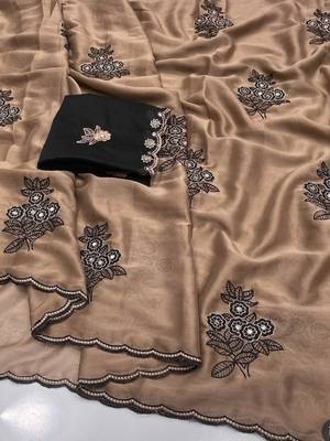 Beige ethnic motifs embroidered art silk saree 4