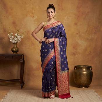 Navy blue silk blend woven saree with blouse 1